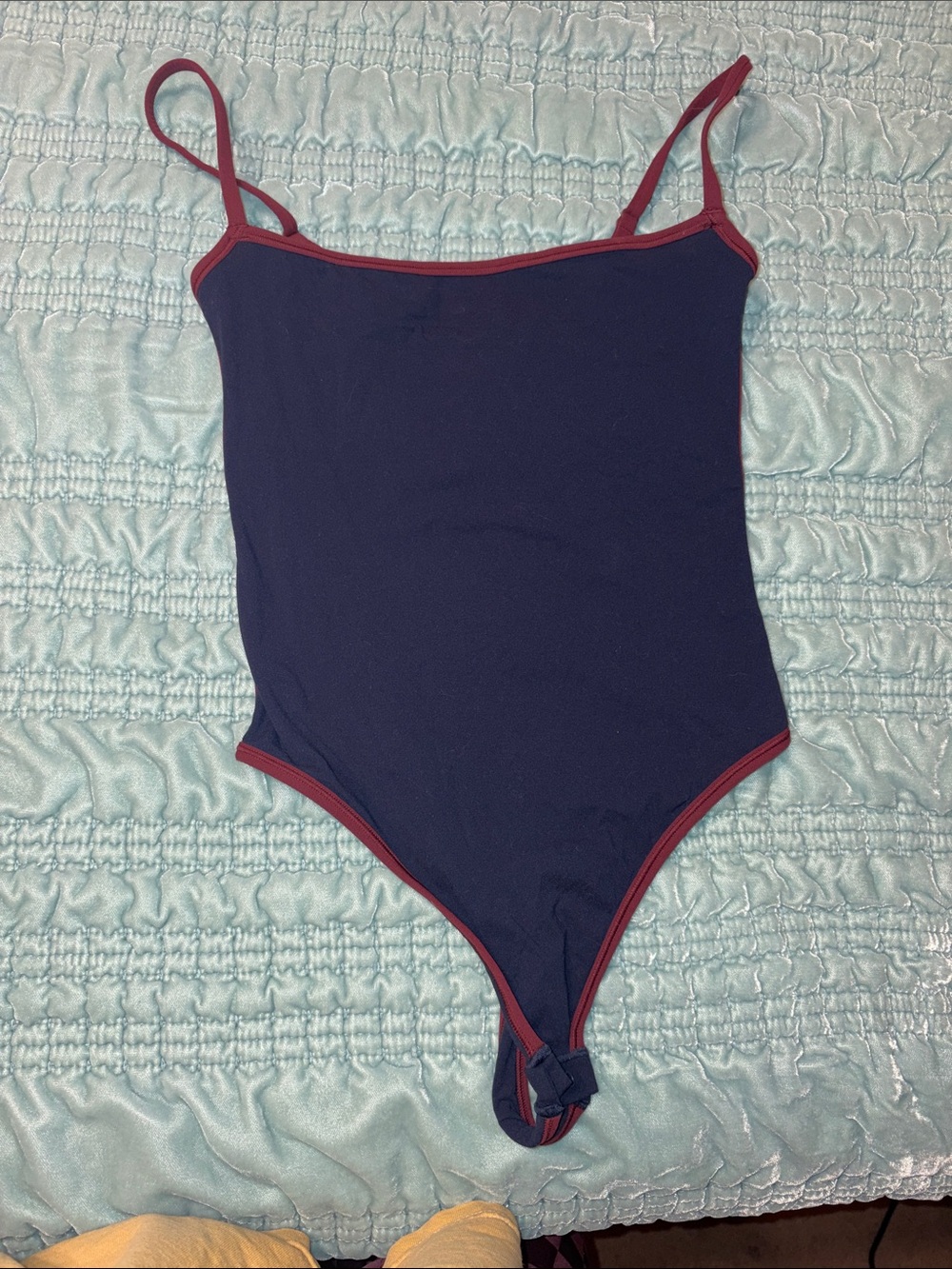 SKIMS Navy One-Piece Bodysuit with Burgundy Trim